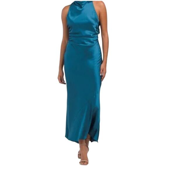 NWT House Of Harlow Cowl Neck Gown Women's Size XS Blue Cross Back Dress FLAWS - Picture 3 of 14